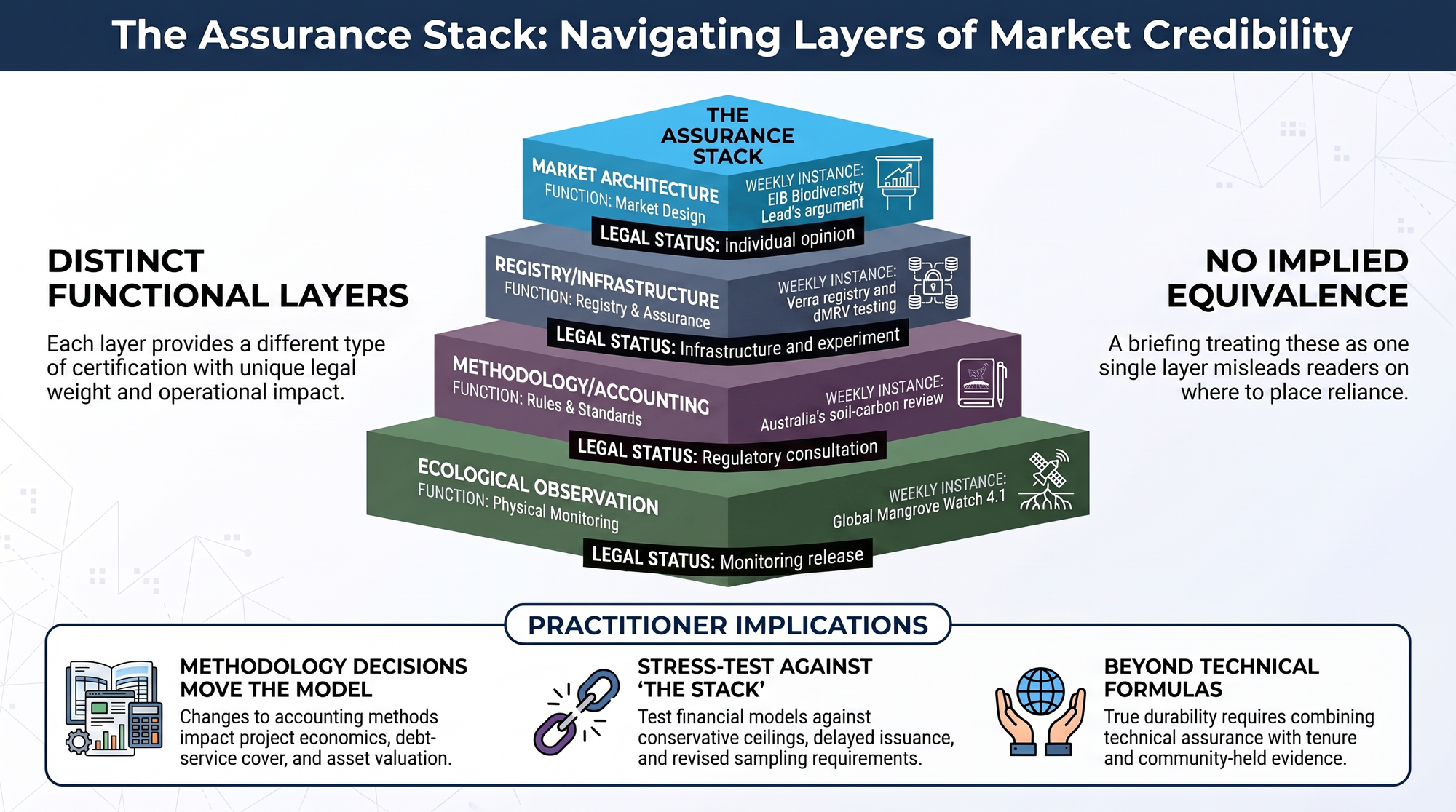 Four-tier pyramid separating ecological observation, methodology and accounting, registry infrastructure, and market architecture, each with its distinct legal status.