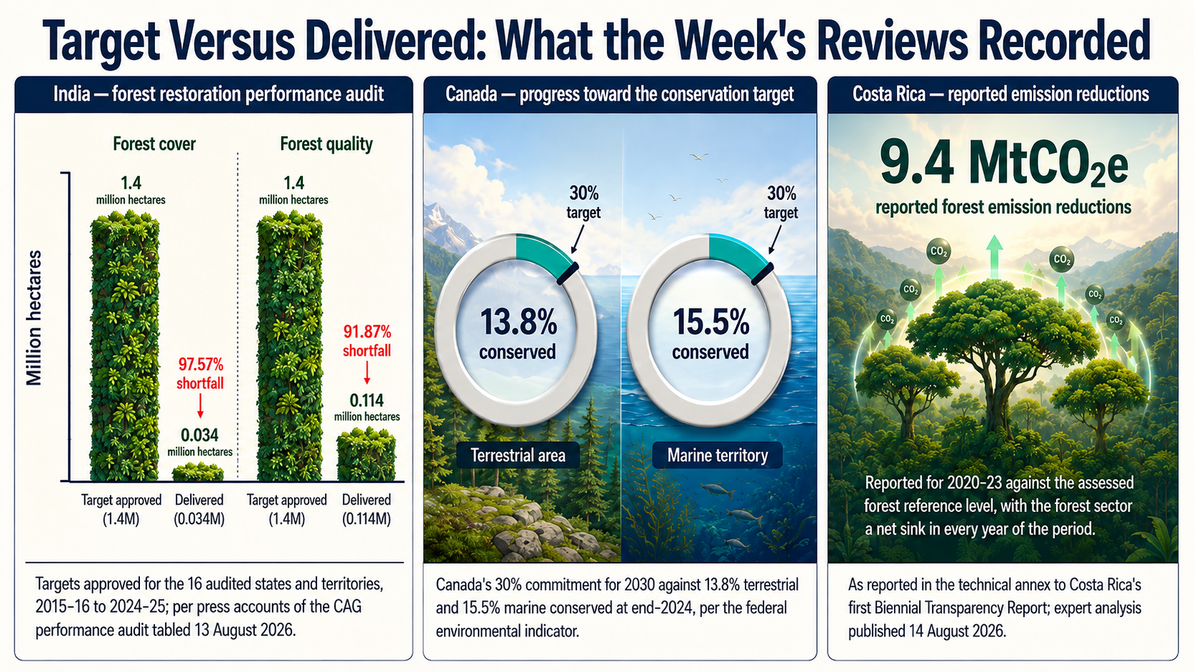 Three-panel comparison of national commitments against audited results in India, Canada, and Costa Rica.