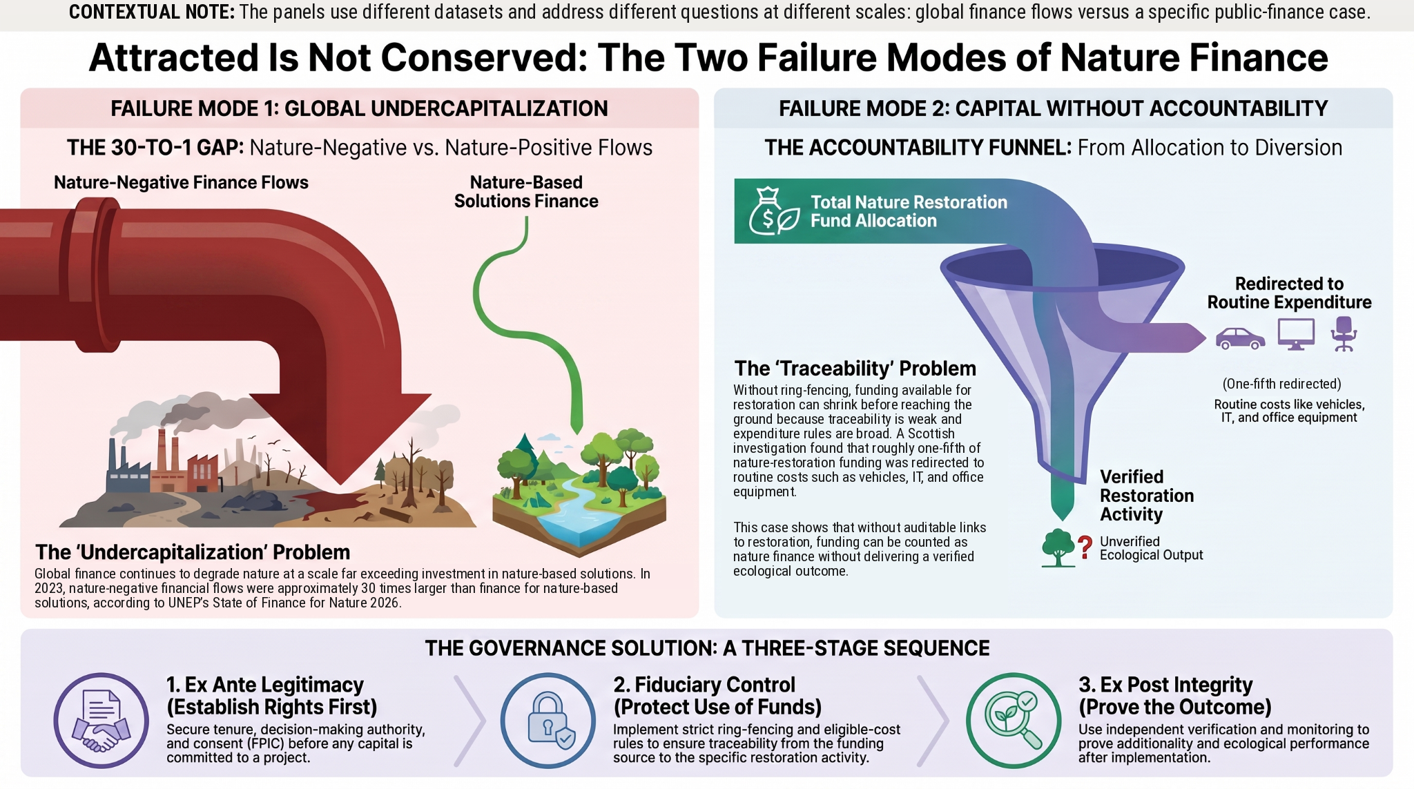 Two-panel diagram contrasting global undercapitalization, the 30-to-1 gap between nature-negative and nature-based finance, with capital without accountability, where allocated funding is diverted before reaching restoration, above a three-stage governance sequence.