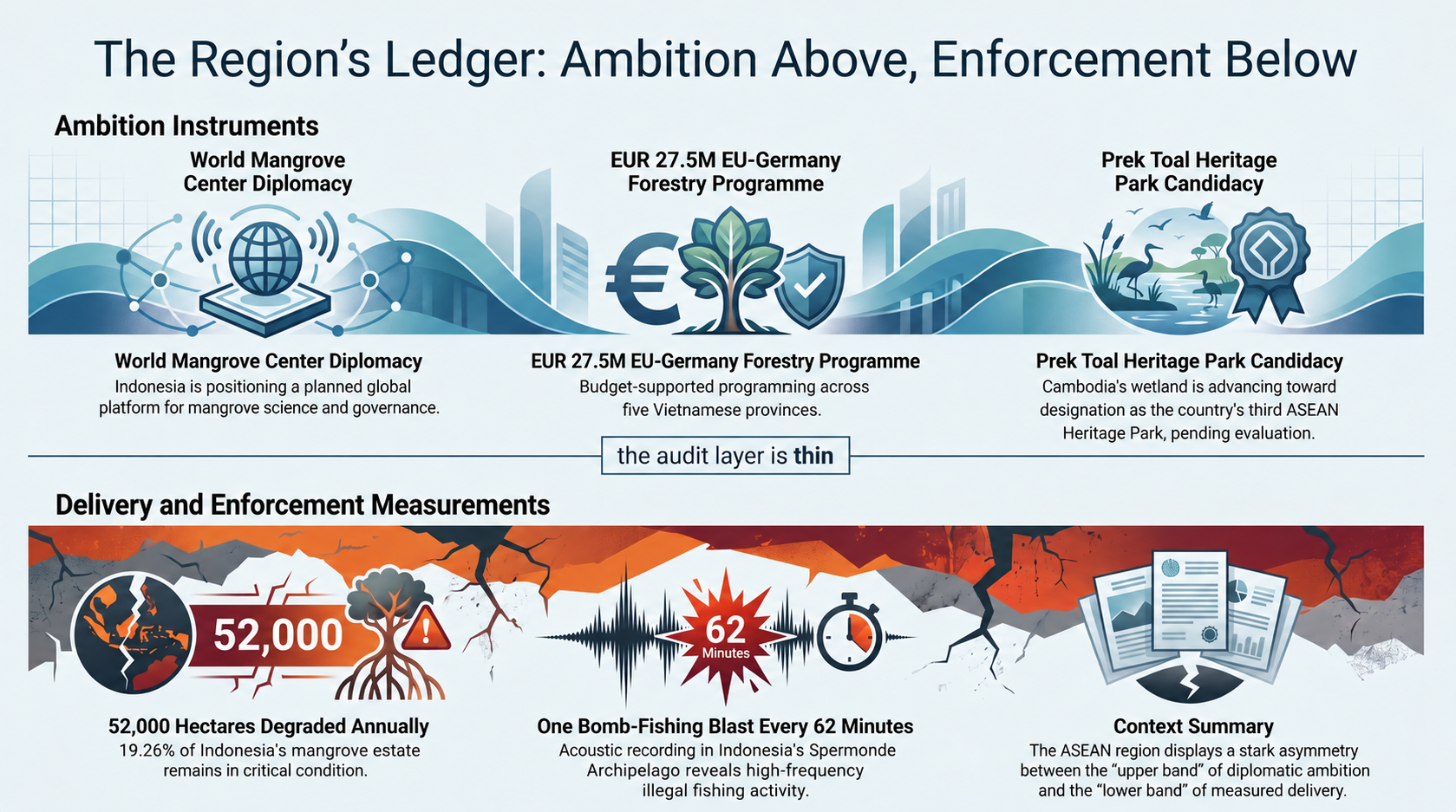 Two-band diagram contrasting the region's ambition instruments above with its thin layer of audited delivery below.