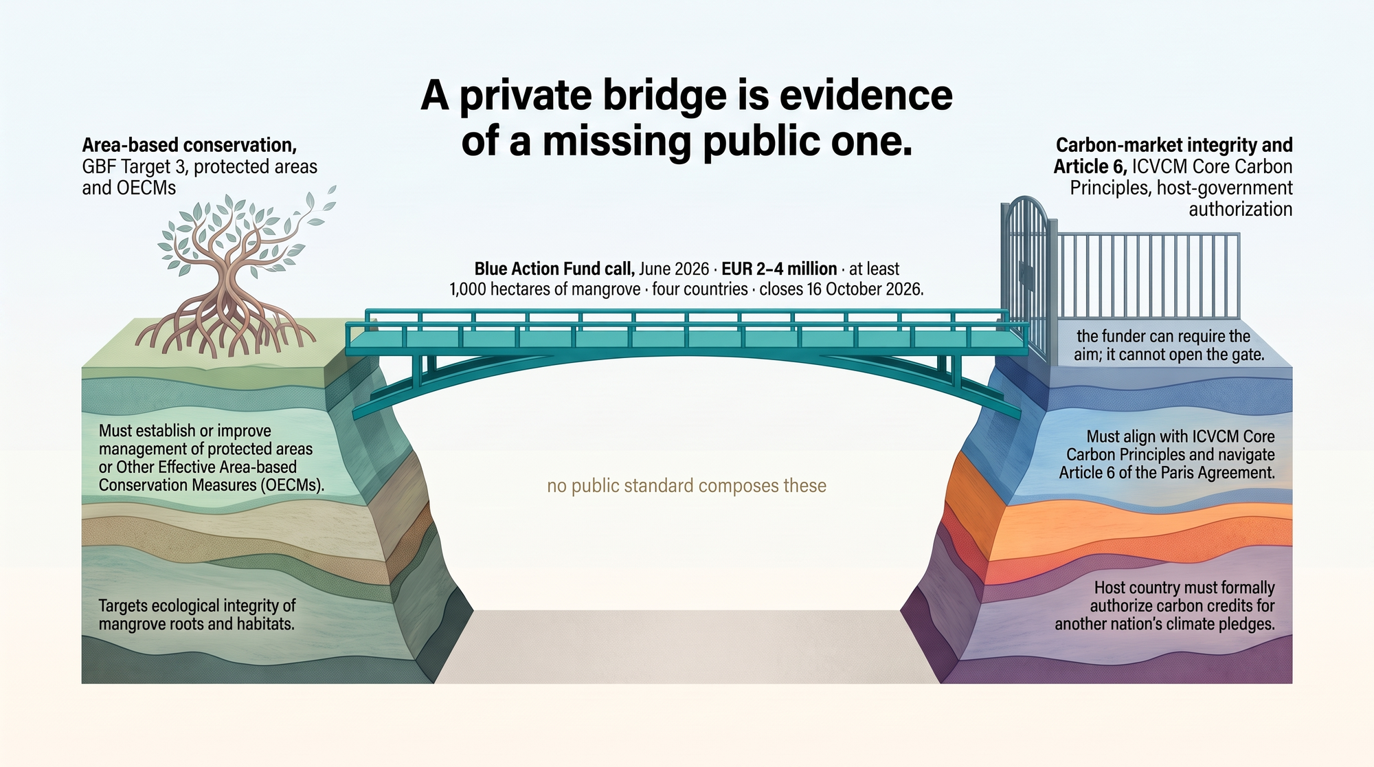 Two banks separated by a wide gap, area-based conservation on one side, carbon-market integrity and Article 6 on the other. One narrow bridge, the Blue Action Fund call closing 16 October 2026, spans the gap; a closed gate stands at the far end.
