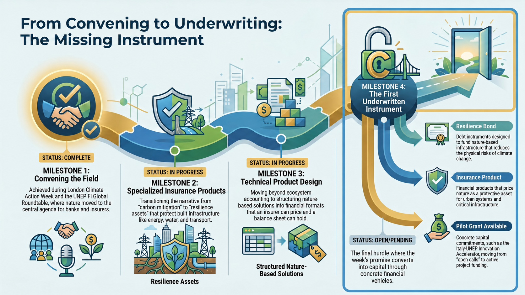 Four-milestone diagram running from convening the field through specialized insurance products and technical product design to the first underwritten instrument, which remains open and pending.
