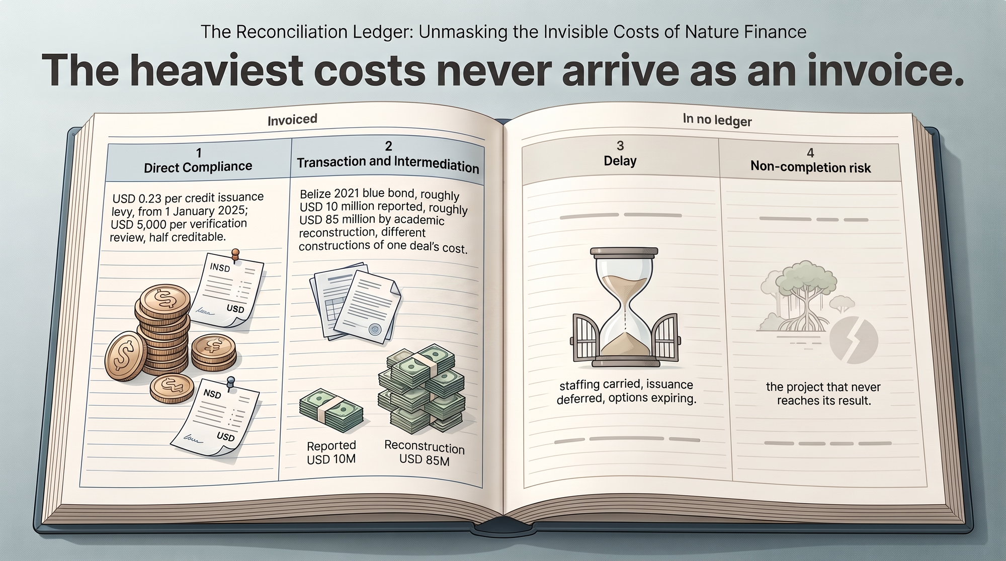 Ledger with four columns: direct compliance and transaction costs carry figures, including USD 0.23 per credit and USD 5,000 per verification review; the delay and non-completion columns hold only dashes, costs that appear in no ledger.
