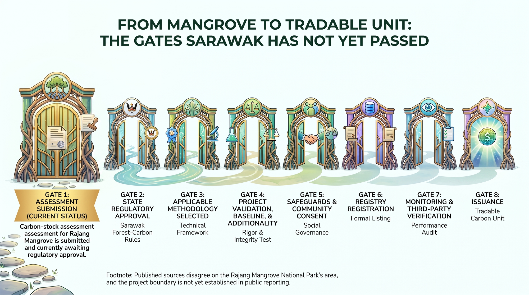 Row of eight gates from assessment submission through regulatory approval, methodology, validation, safeguards, registry, verification, and issuance, showing which Sarawak has not yet passed.
