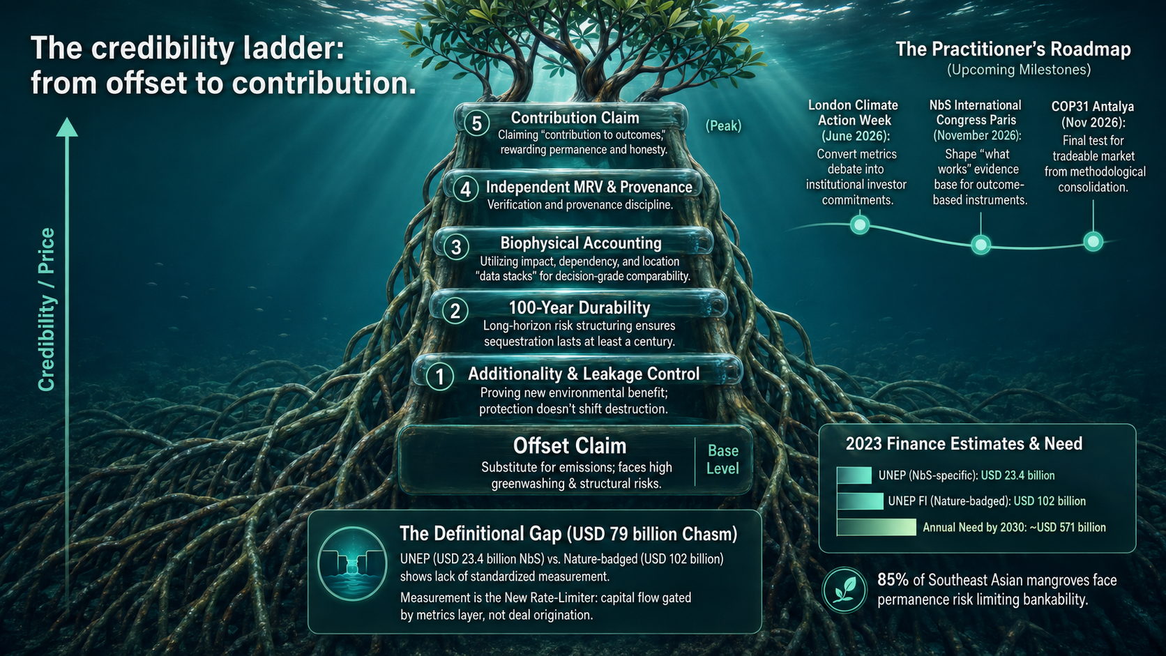 Underwater scene titled The Credibility Ladder: From Offset to Contribution, rising through additionality and leakage control, hundred-year durability, biophysical accounting, and independent verification to a contribution claim, with the practitioner roadmap alongside.