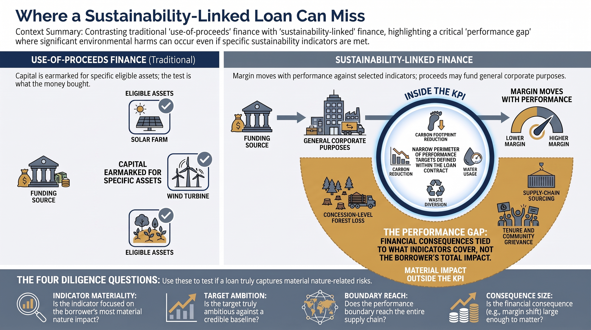 Side-by-side diagram contrasting use-of-proceeds finance with sustainability-linked finance, marking the performance gap where material impact falls outside the chosen indicators.