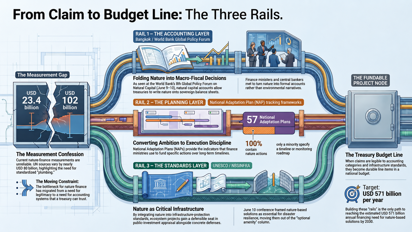 Diagram running three rails - accounting, planning, and standards - from the measurement gap between narrow and broad nature-finance counts to a fundable project node and a treasury budget line.