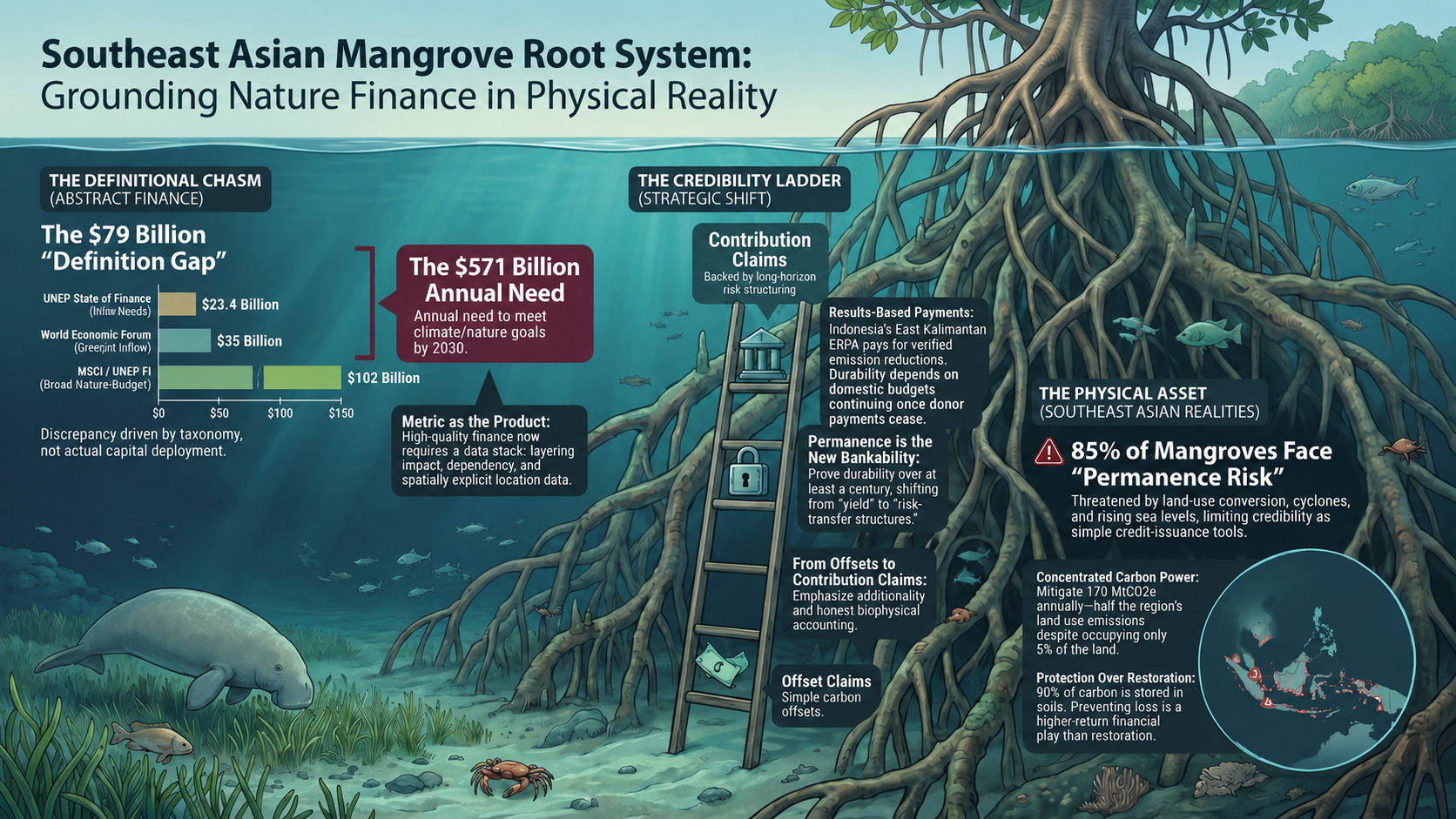Underwater mangrove root scene titled Southeast Asian Mangrove Root System: Grounding Nature Finance in Physical Reality, setting the definitional chasm and annual shortfall against the physical asset and its permanence risk.