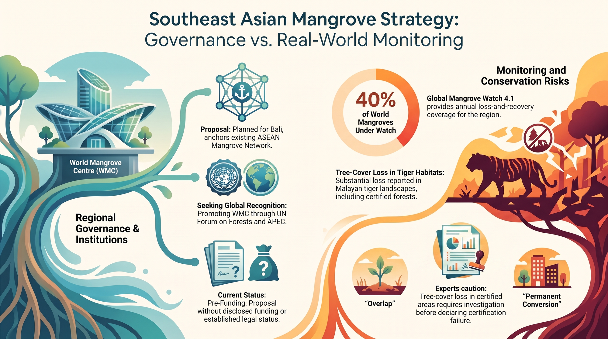 Scene diagram setting Southeast Asian mangrove governance and institutions against monitoring and conservation risks, including tree-cover loss reported in certified areas.