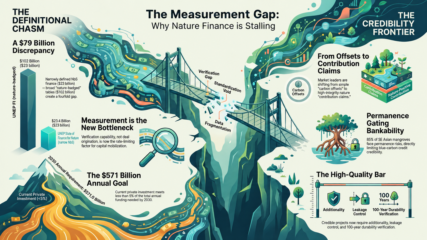 Landscape diagram titled The Measurement Gap: Why Nature Finance is Stalling, spanning a definitional chasm on the left, measurement as the new bottleneck in the centre, and the credibility frontier on the right.