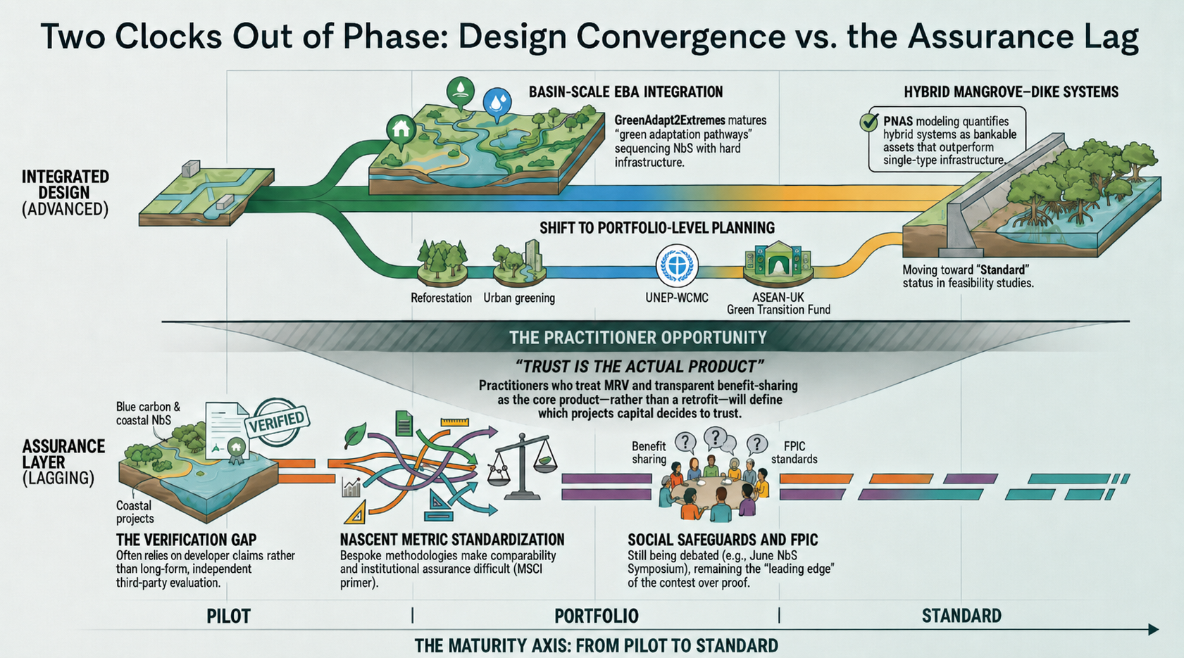 Two-band diagram titled Two Clocks Out of Phase, showing integrated design advancing along a maturity axis from pilot to standard while the assurance layer lags behind it.