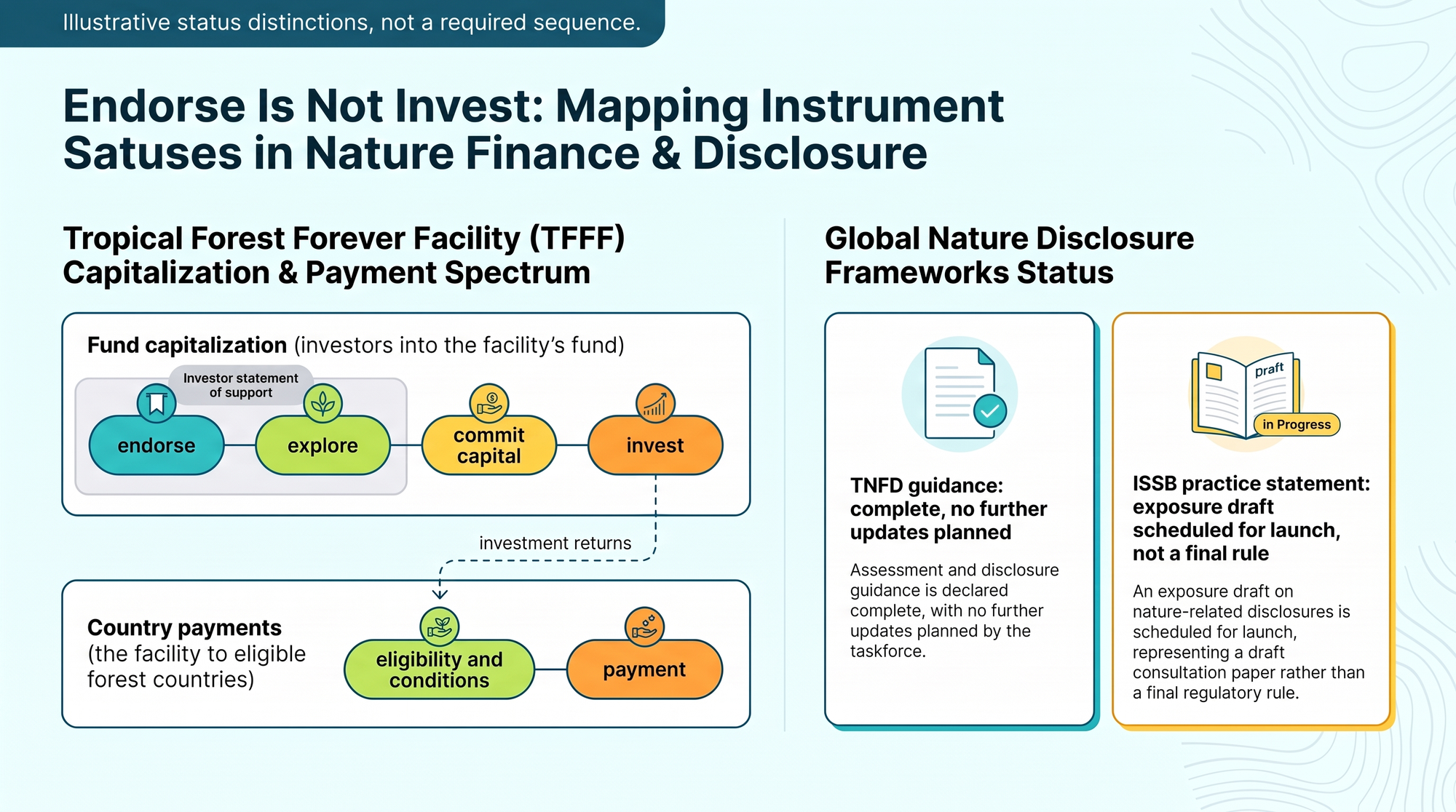Diagram separating investor capital into the Tropical Forest Forever Facility from payments to forest countries, with the investor statement at endorsement and exploration only, beside separate status boxes for TNFD guidance and the scheduled ISSB exposure draft.