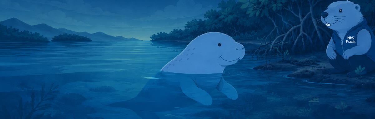 NbS Praxis: a dugong grazing in a mangrove channel with the beaver companion at the waterline
