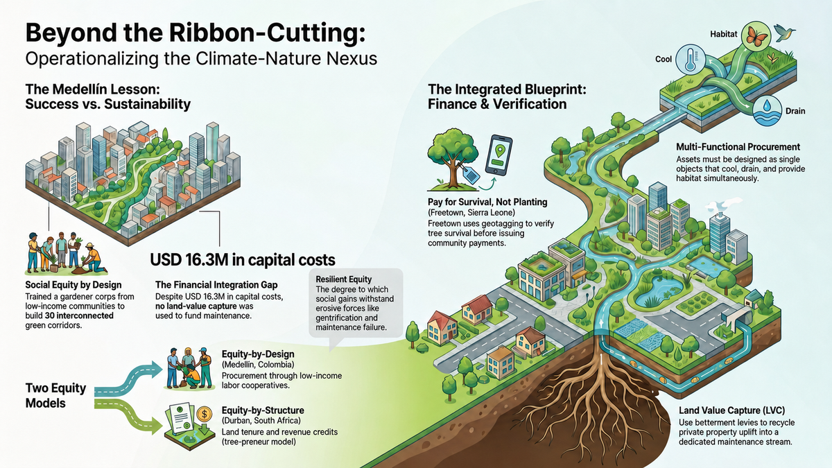 Two-part diagram: the Medellin lesson on equity and the financing gap, beside an integrated blueprint for corridors that cool, drain, and provide habitat, funded by land value capture.