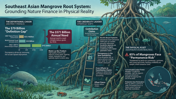 Underwater mangrove and seagrass scene setting the definitional chasm between narrow and broad nature-finance counts against Southeast Asian blue-carbon stocks and the permanence risk facing 