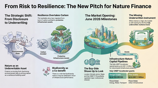 Left-to-right diagram tracing nature finance from disclosing environmental risk to underwriting nature as a protective asset, ending at the still-missing underwritten resilience bond.