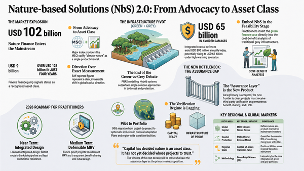 Multi-panel infographic, covering the market shift into mainstream finance, the green-and-grey infrastructure pivot, the assurance gap as the new bottleneck, and a practitioner roadmap.