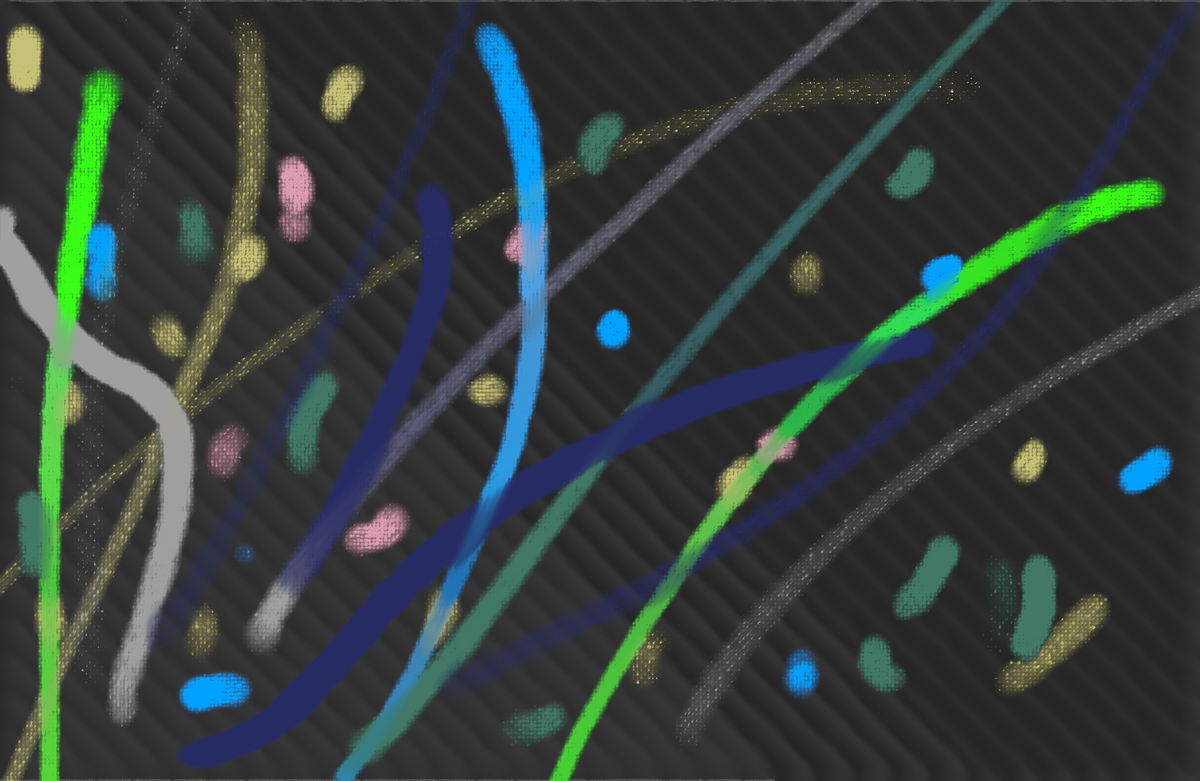 colorful stripes & dots on a black background