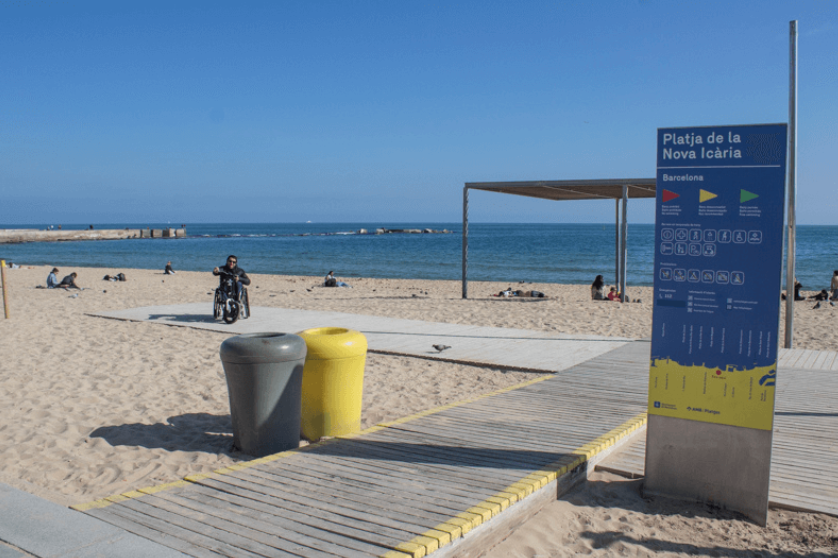 Wheelchair-friendly boardwalks on to a beach in Barcelona