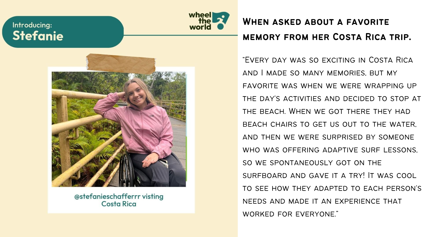 Wheelchair user explaining her favorite accessible memory in Costa Rica