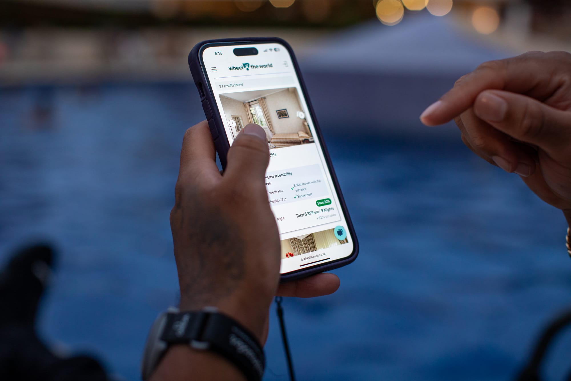 Wheel the World platform displaying detailed accessibility information for hotels on a mobile.
