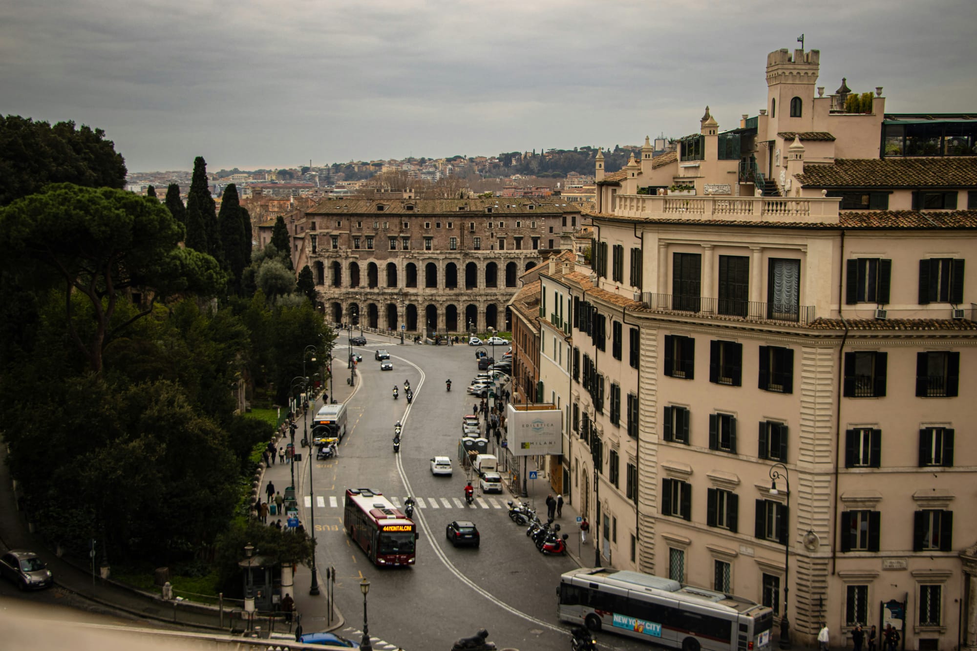 A bus going down the street in Rome, Italy