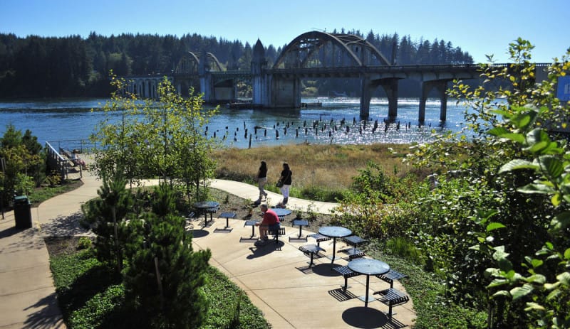 Siuslaw Interpretive Center overlooking the Siuslaw River and bridge