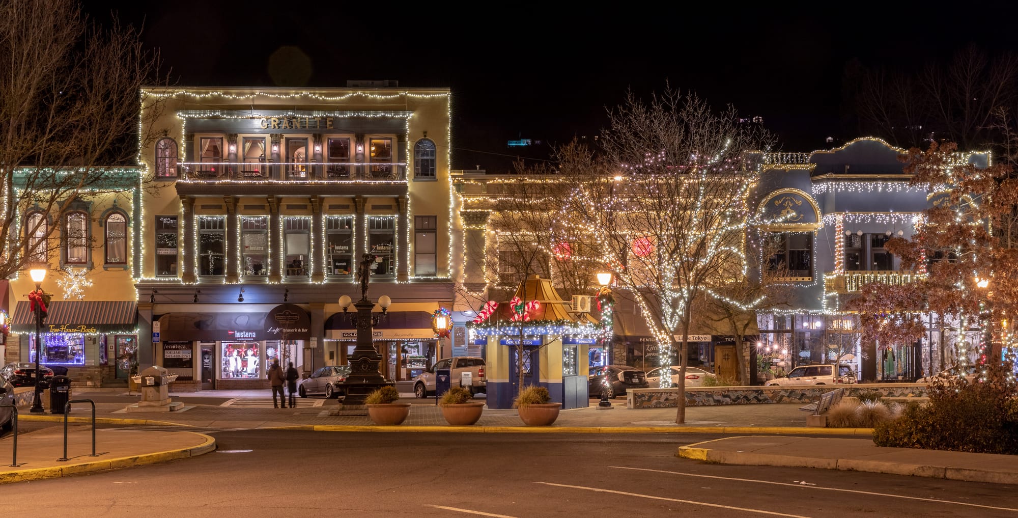 Holiday lights hung up on downtown Ashland, Oregon buildings
