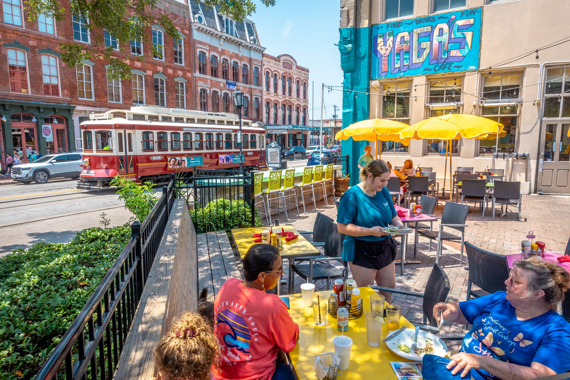 Yagas Cafe and trolley in the background, Galveston