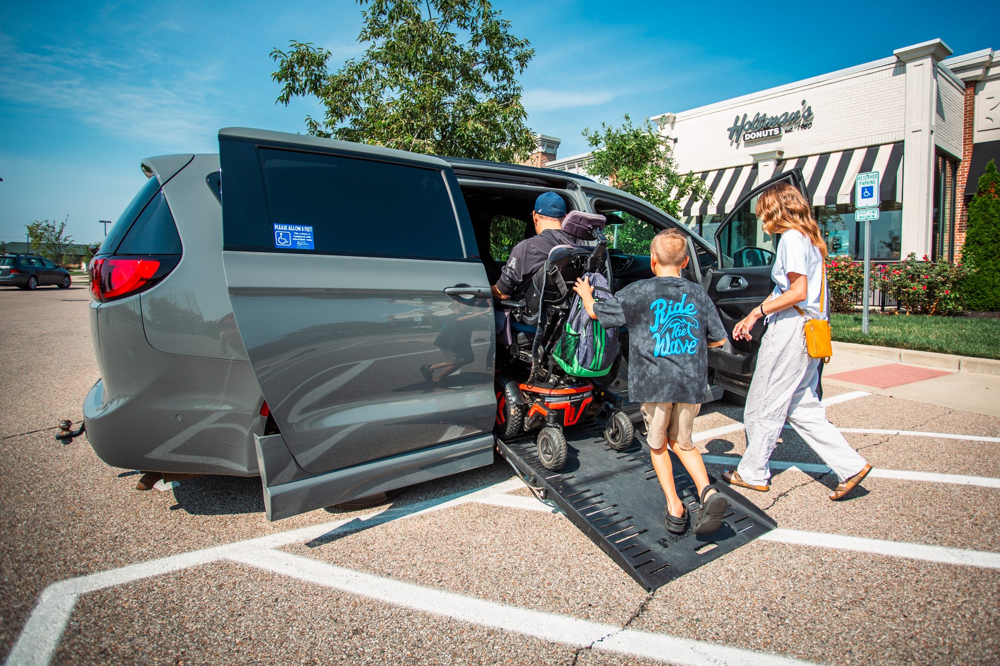 Wheelchair user going up ramp into adaptive van