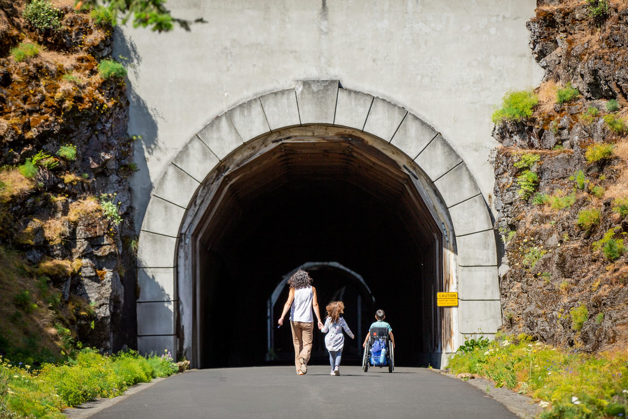 Mom, girl, and boy who is a wheelchair user, exploring Historic Columbia River Highway State Trail – Twin Tunnels segment