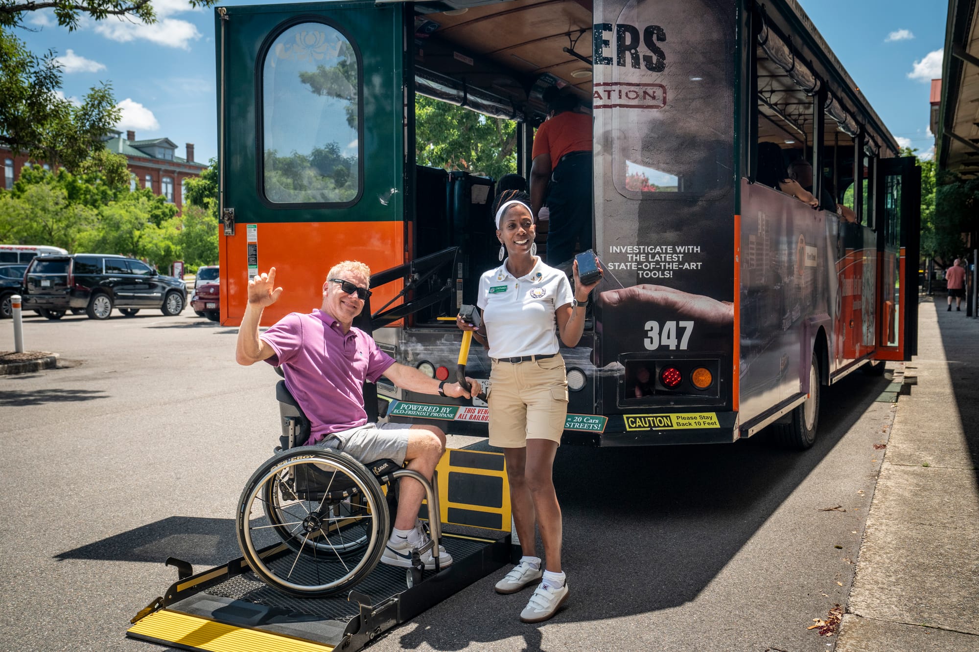Wheelchair user using the lift on the Old Town Trolley in Savannah