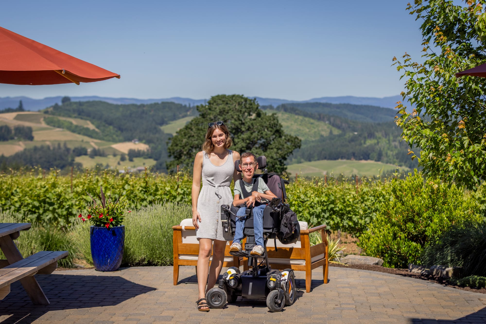 Shane, wheelchair user, and wife Hannah at Eminent Domaine winery in Willamette Valley