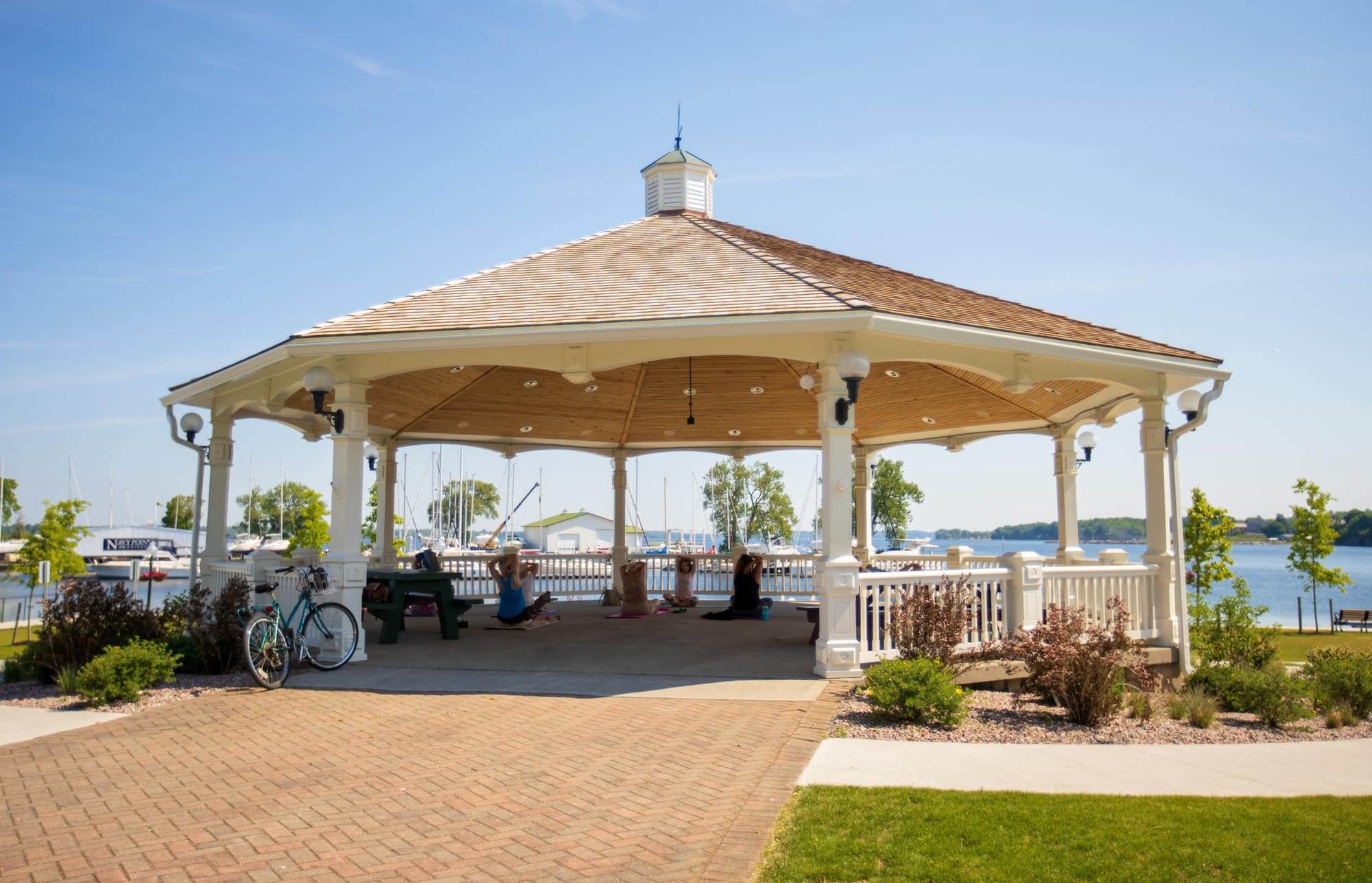 Yoga session under a gazebo at Sackets Harbor