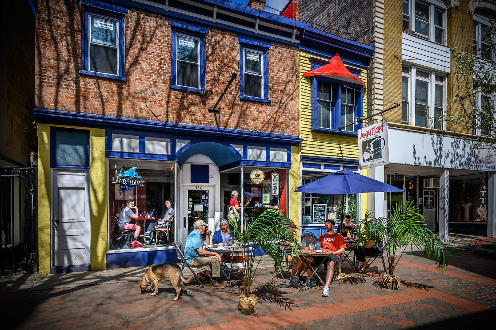 Exterior of Ambition Coffee & Eatery in Schenectady with tables and chairs