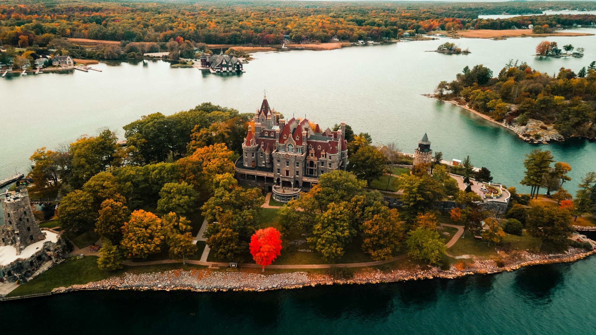 Aerial view of Boldt Castle in 1000 Islands, NY