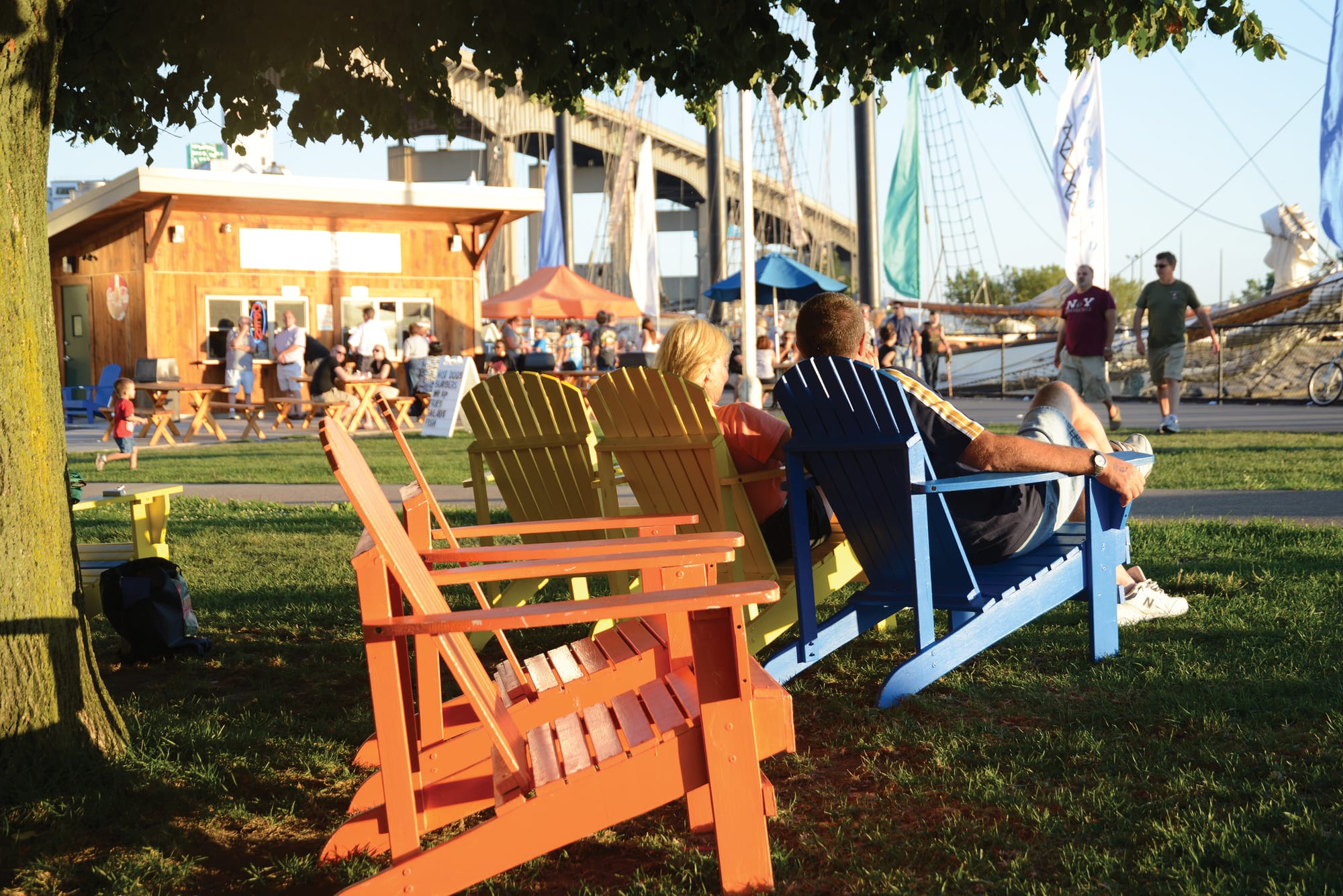 Couple sitting on Canalside chairs in Buffalo