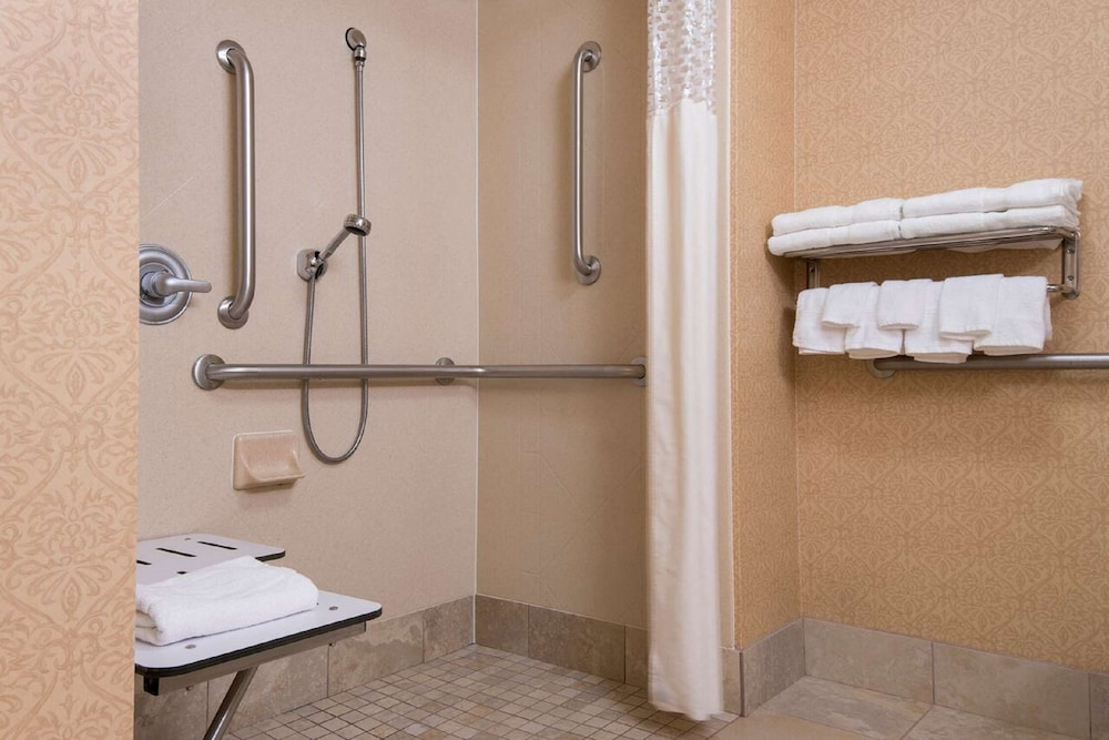 Roll-in shower, seat and grab bars at Roll-in shower at the Hampton Inn Schenectady Downtown