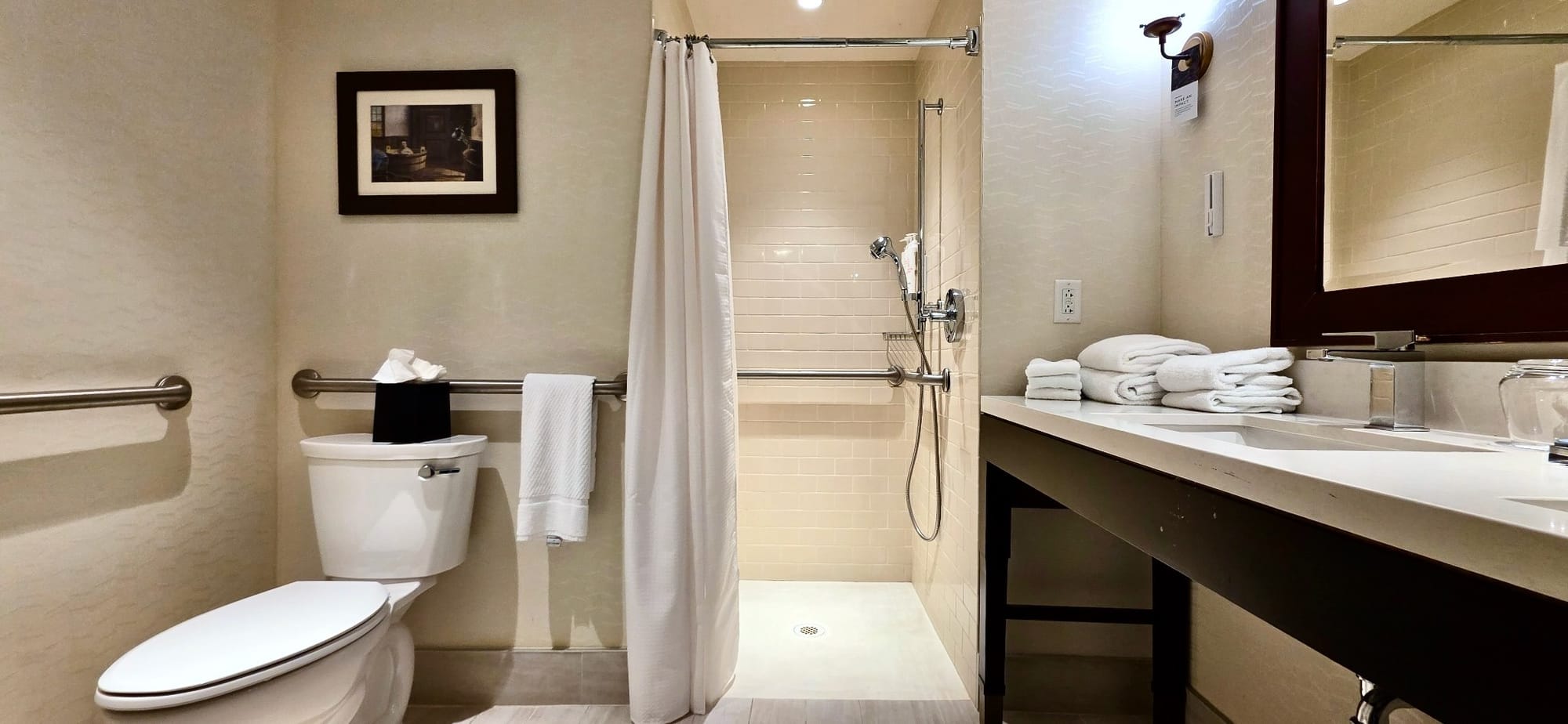 Roll-in shower and grab bars at Marriott Syracuse Downtown