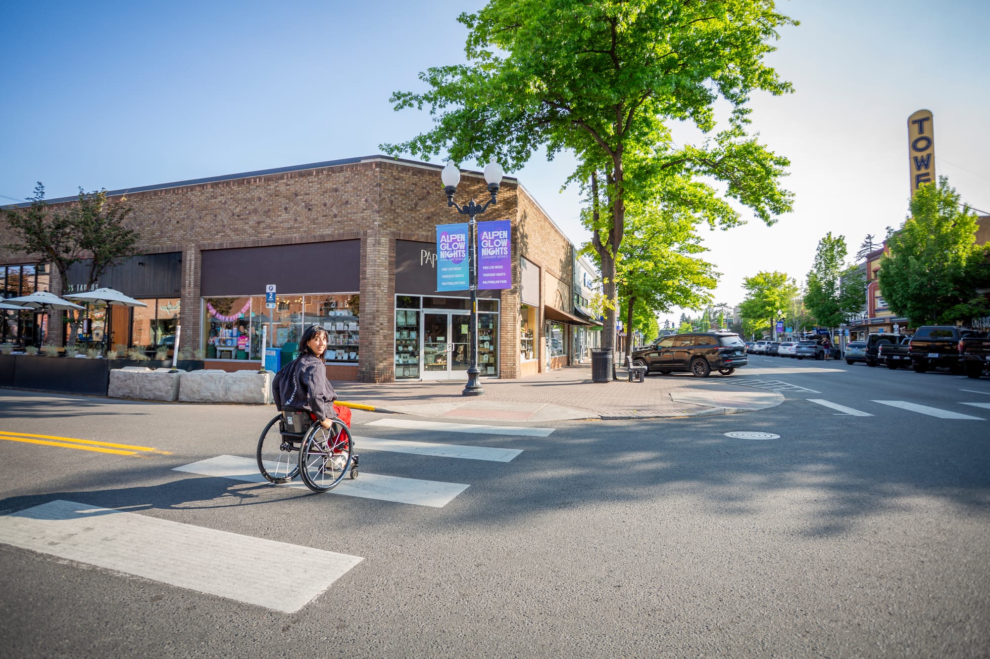 Kaylee Bays, a wheelchair user, exploring downtown Bend