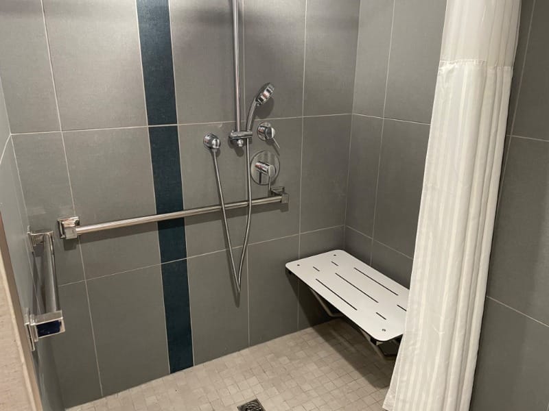 Roll-in shower, grab bars and shower seat at Radisson Plaza Hotel & Suites