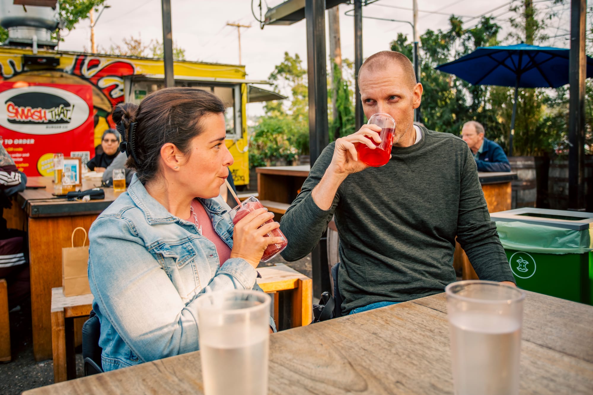 Maggie and Brad enjoying drinks at Fremont Brewing in Seattle