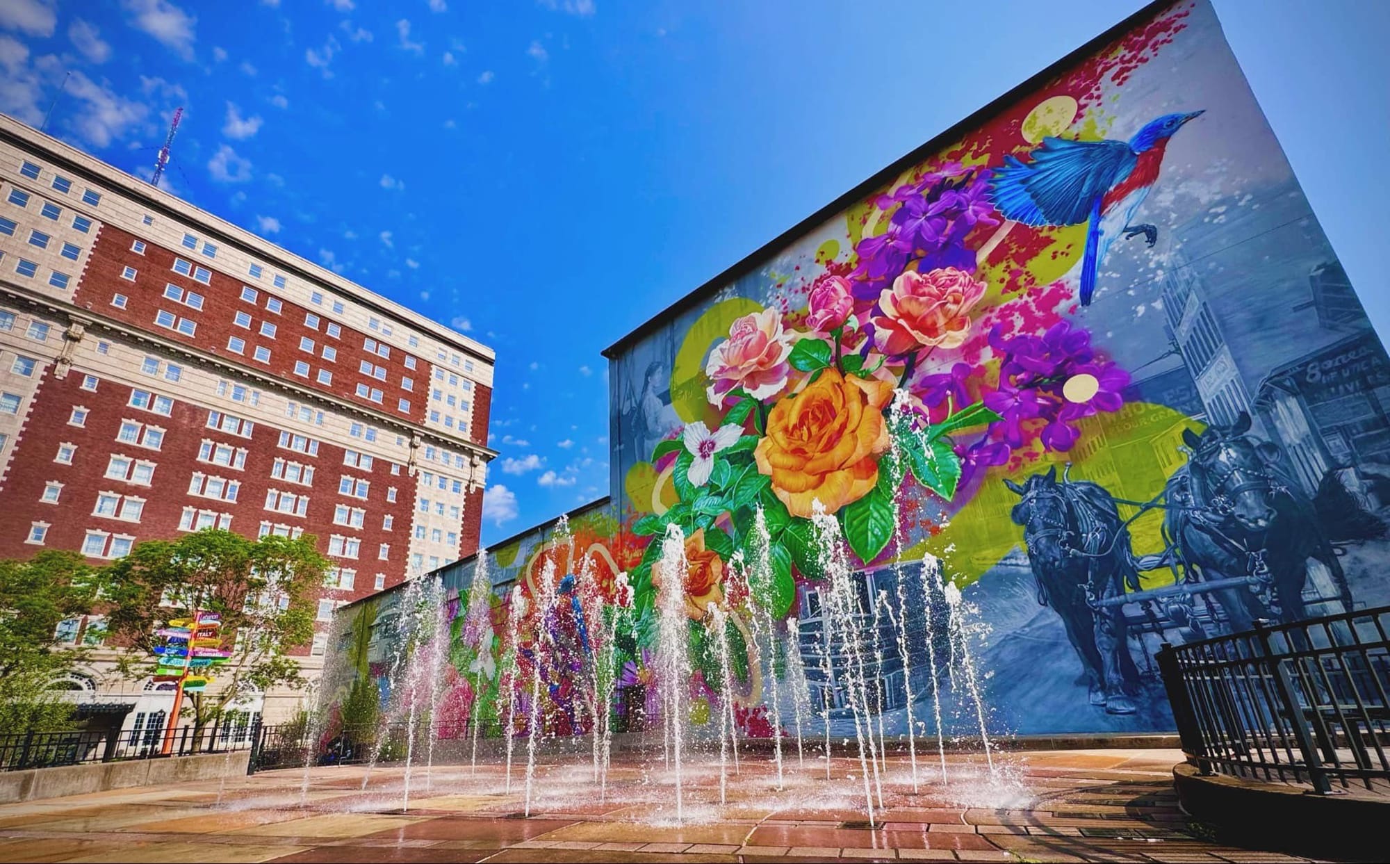 Fountains with flower mural in Utica, New York