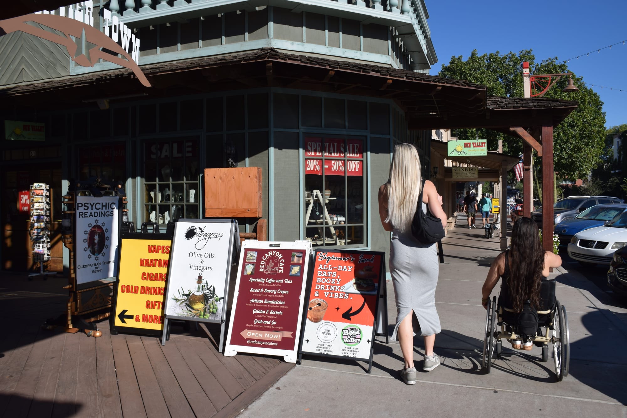 Kerry, wheelchair user, and her friend Carly, exploring Old Town Scottsdale