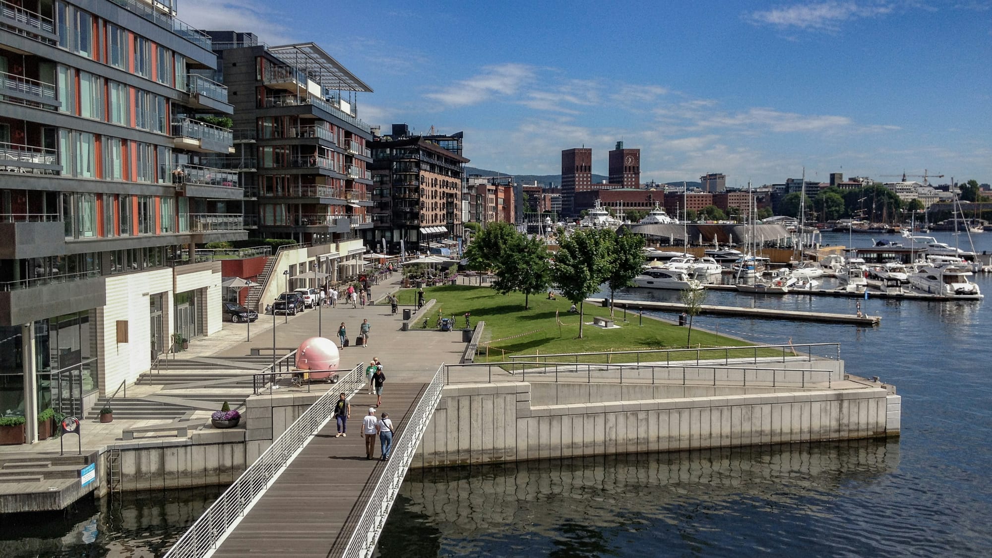 The Aker Brygge waterfront on a sunny day in Oslo
