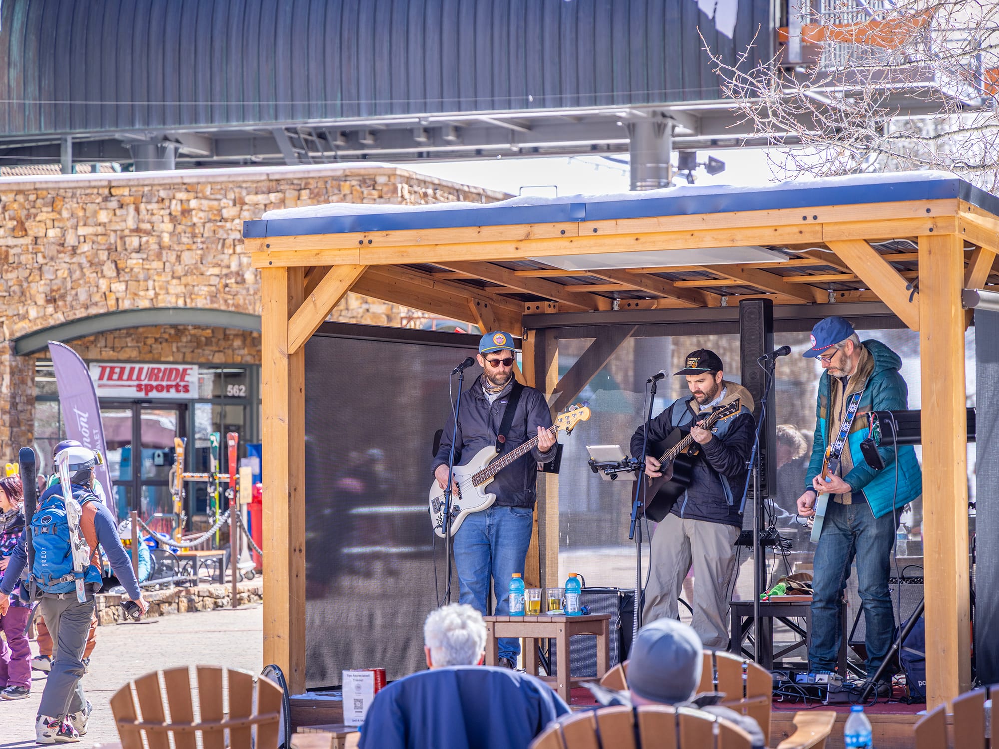 Band playing live music in a plaza in Telluride