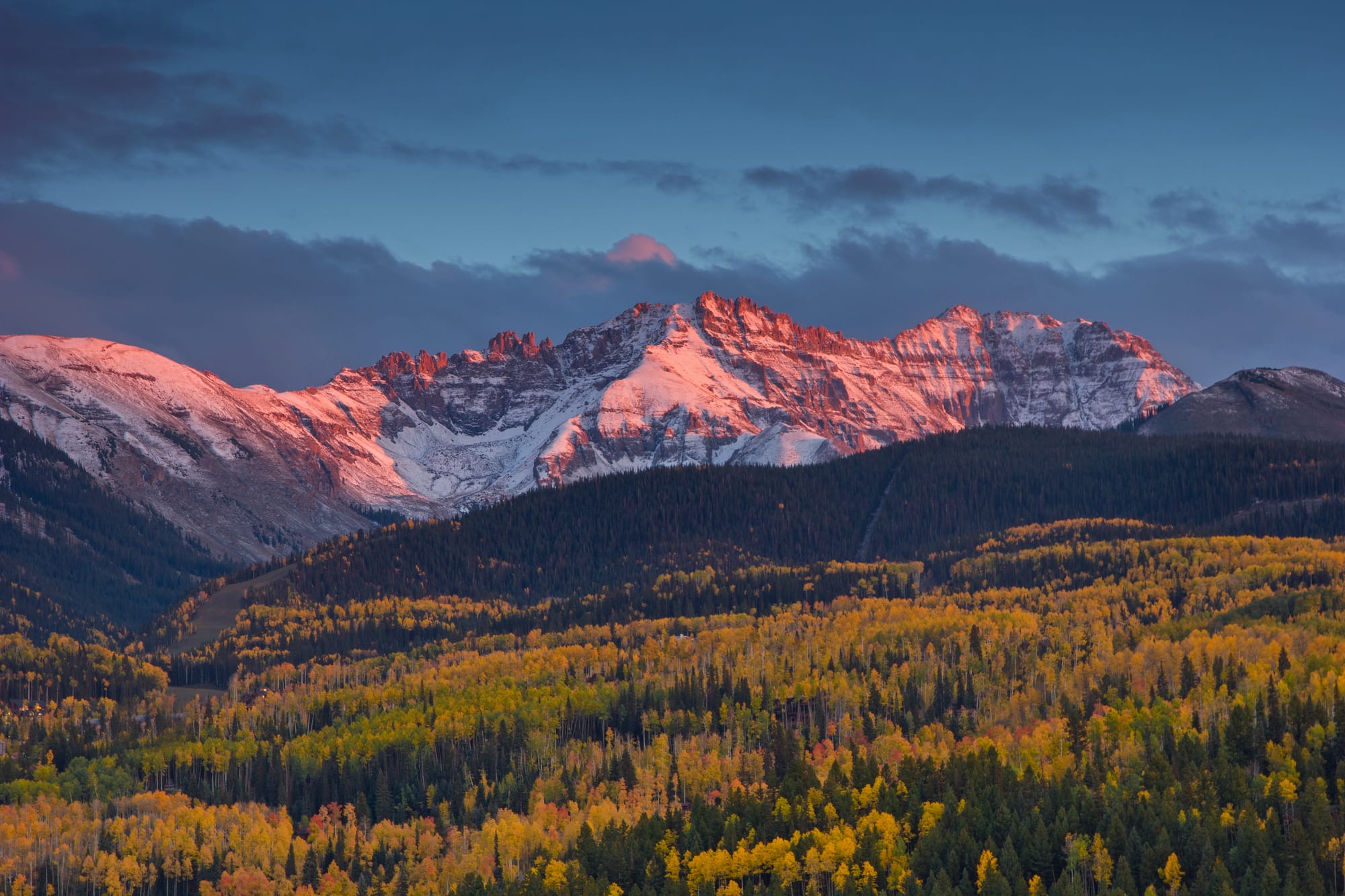 The San Juan Mountain peaks at sunset