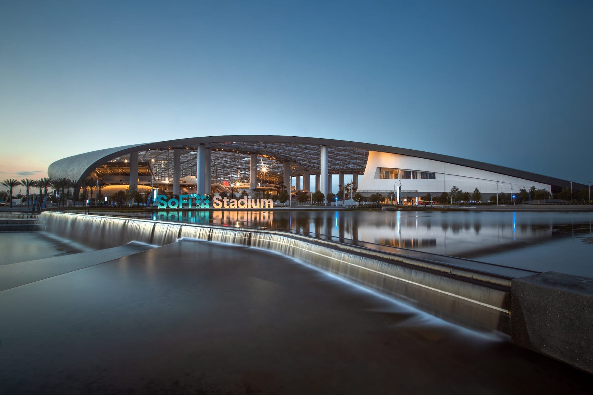 Outside of SoFi Stadium at night