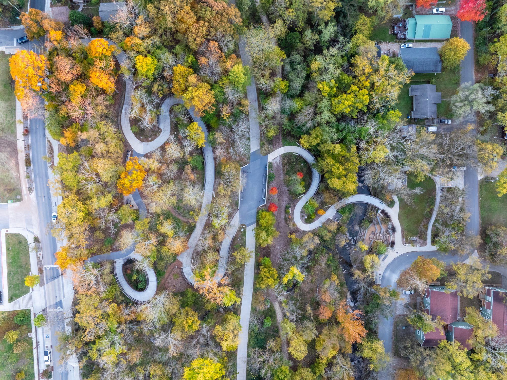 Aerial view of The Ramble Park on the Razorback Greenway