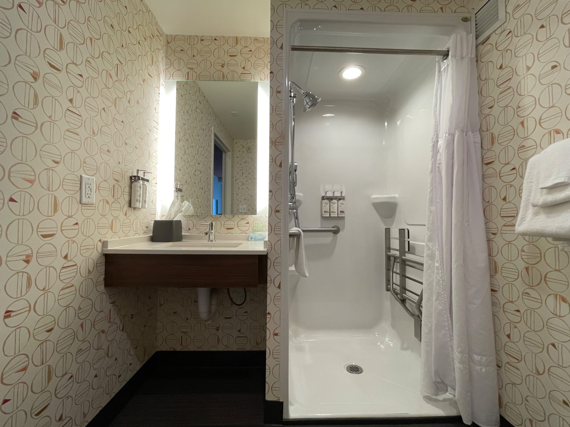 Roll-in shower, foldable bench, grab bars, and a sink at Staybridge Suites Marquette by IHG